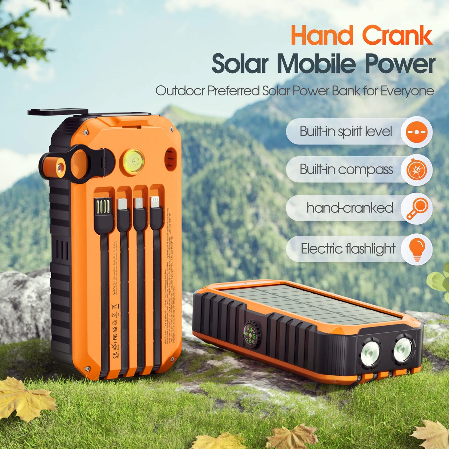 40,000mAh Solar Power Bank With Hand Crank Compass Level LED Flashlight