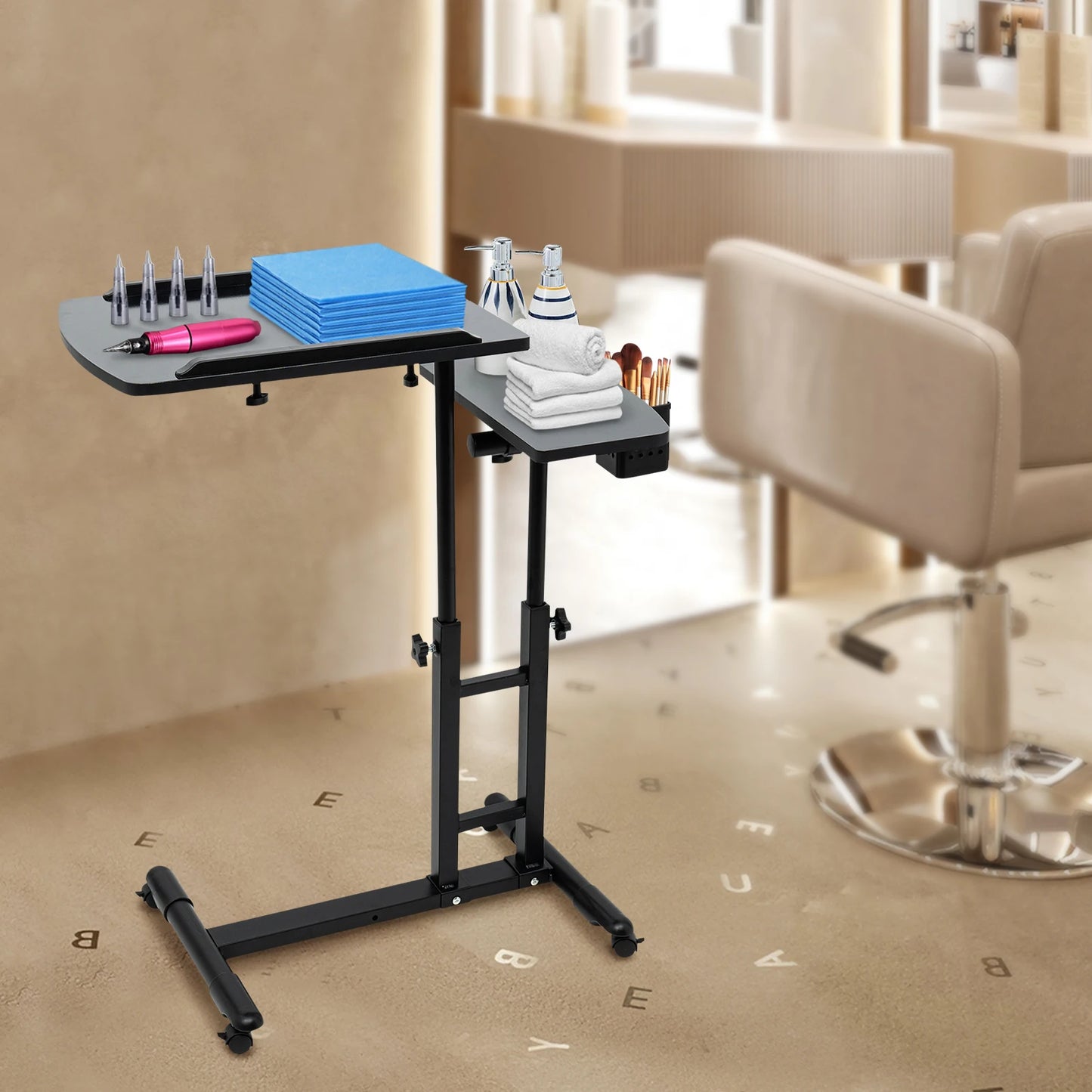 Portable Tattoo Table Workstation Wheeled Height Adjustable Industrial Strength Dual Surfaces 64x40 cm