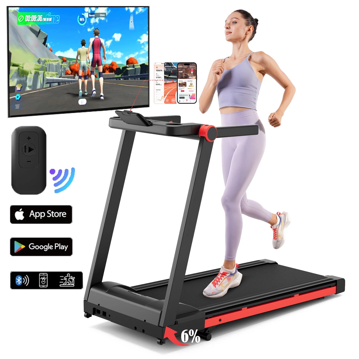 Superun Foldable Incline Treadmill Walking Pad With 6 Percent Incline 112x42 cm Platform Touchscreen App Data Monitoring