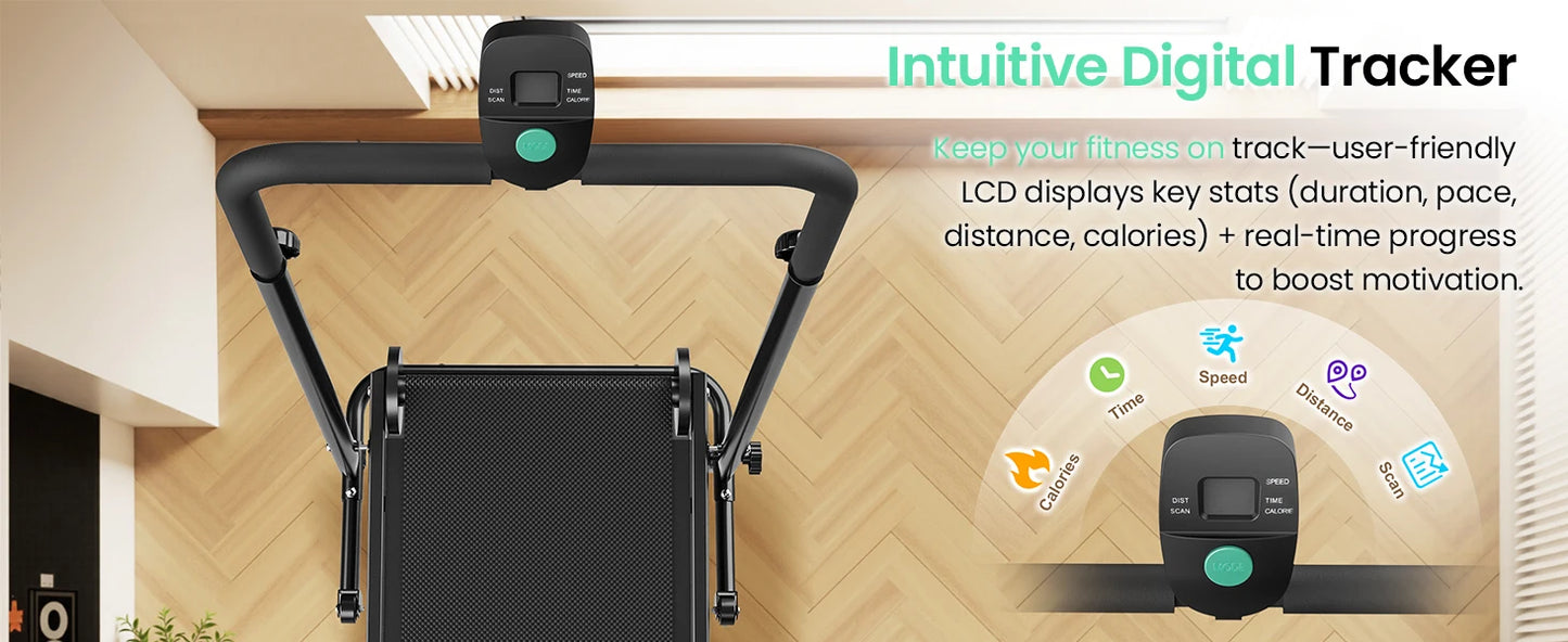 AKLUER Non Motorized Foldable Treadmill With Dual Flywheels LCD Monitor
