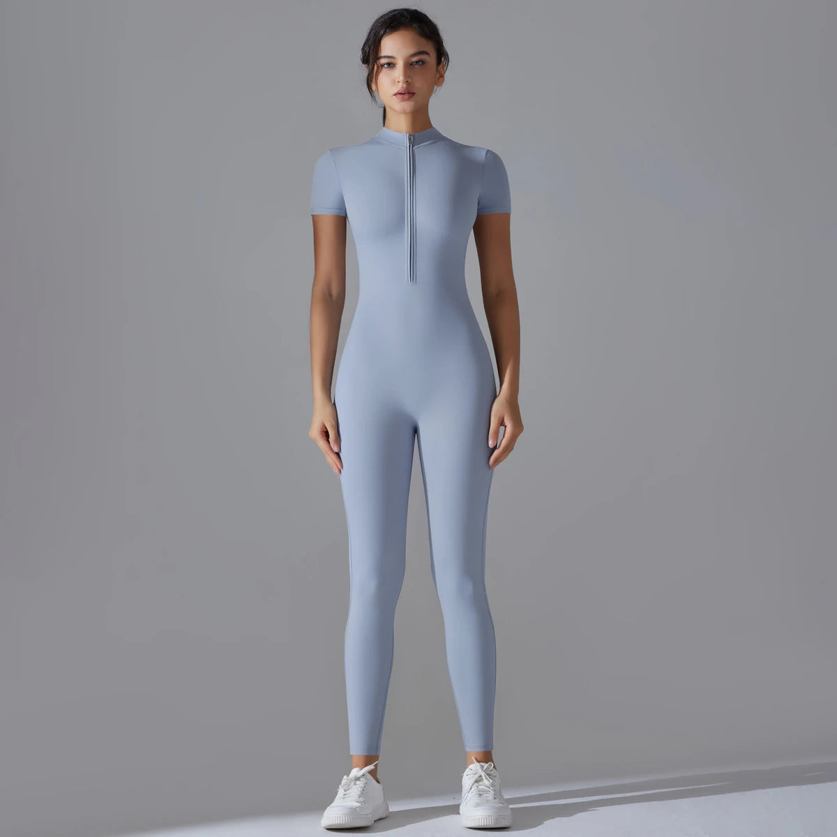 Naked Zipper Short Sleeve Yoga Jumpsuit High Stretch Nylon Spandex Breathable Flat Lock Seams