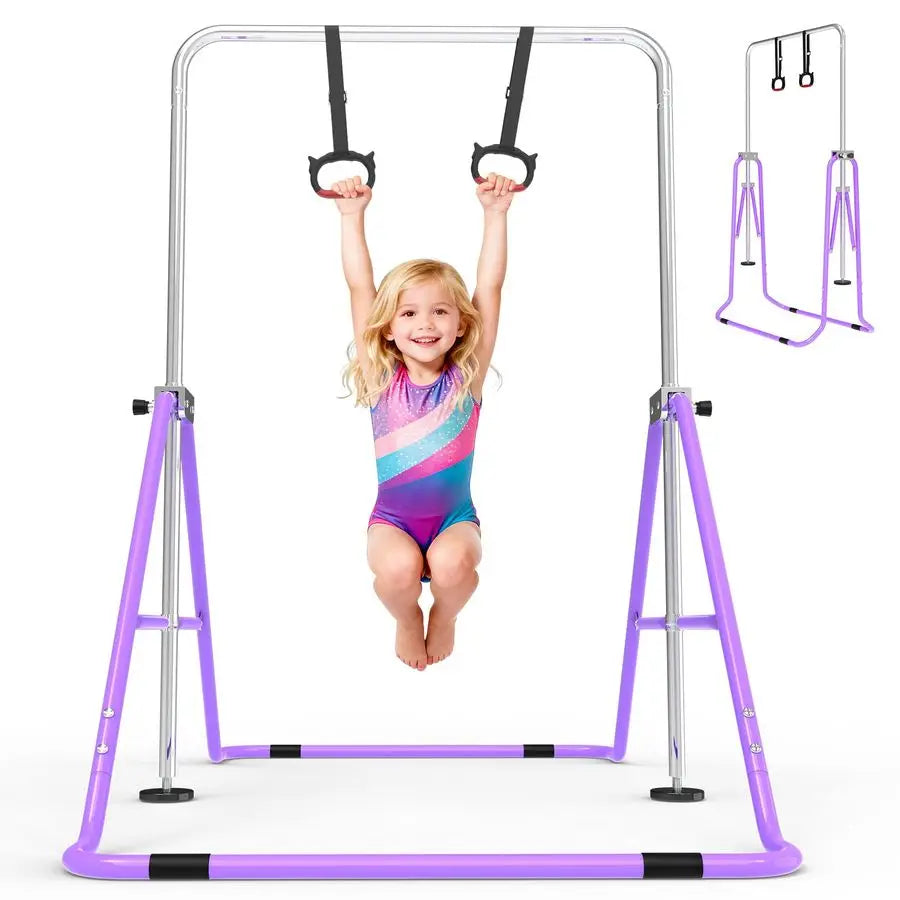 XMSJ Kids Gymnastics Bar With Rings Adjustable Height Folding