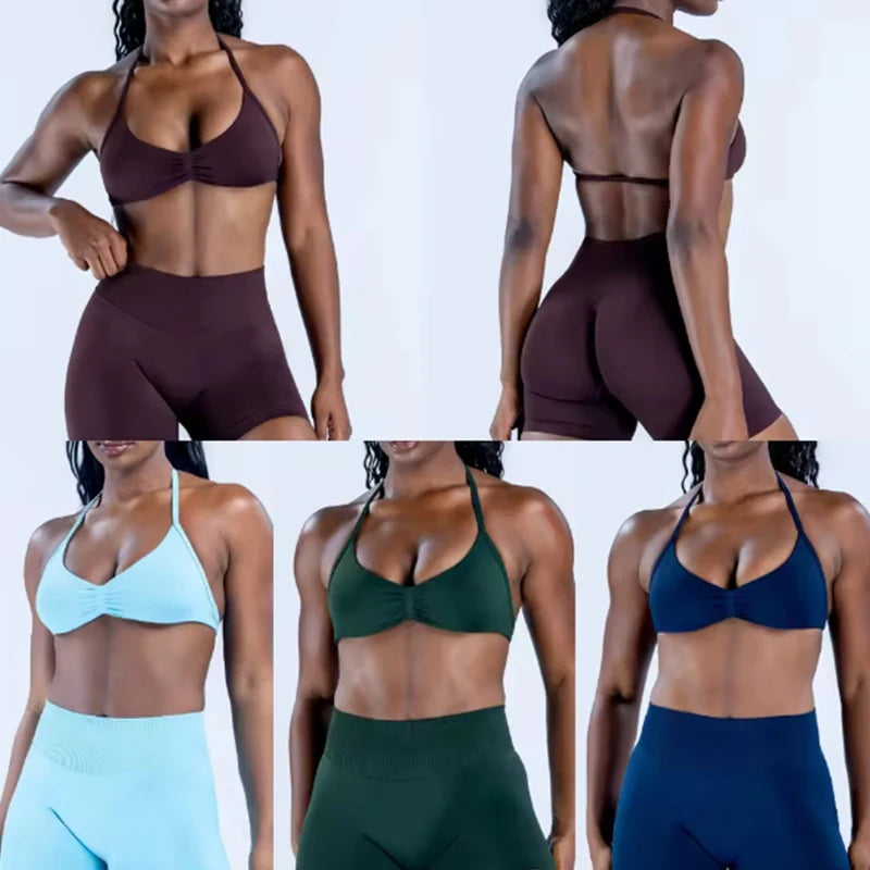 Cavendi Women Yoga Set Halter Top and Seamless Shorts