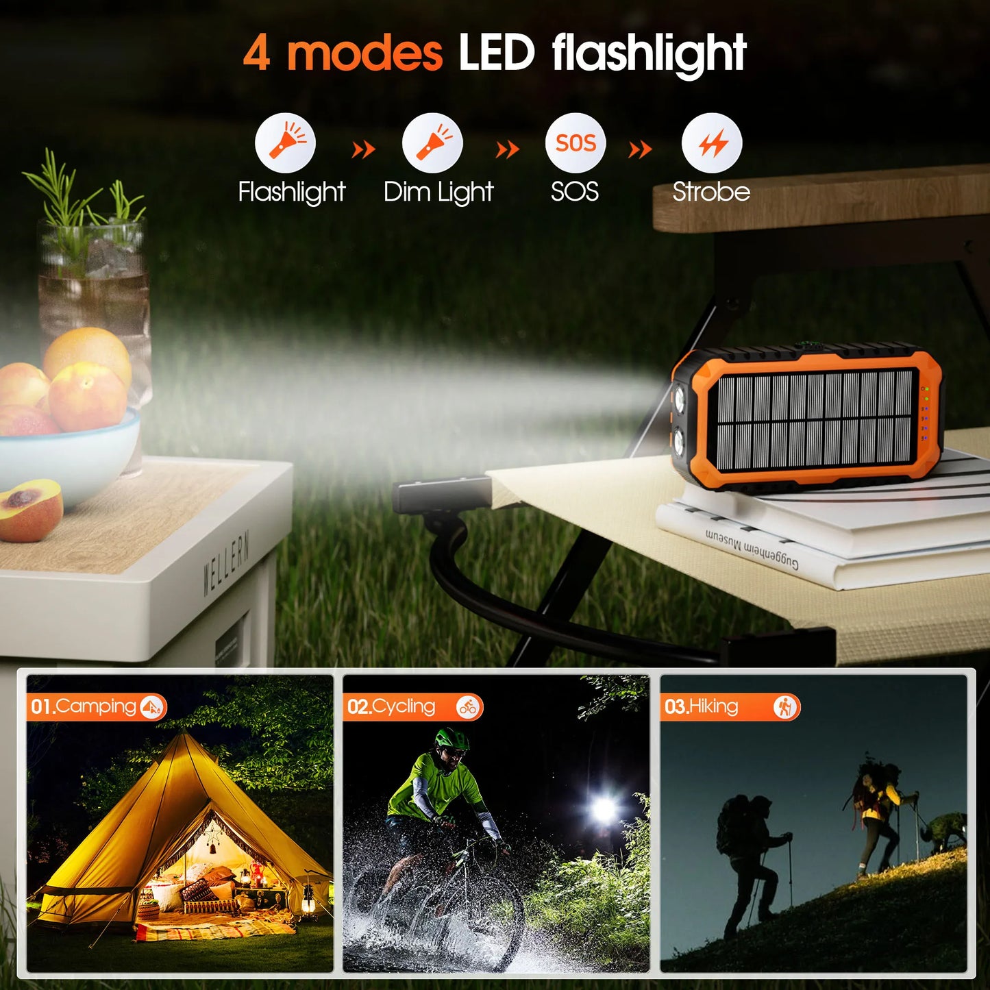 40,000mAh Solar Power Bank With Hand Crank Compass Level LED Flashlight
