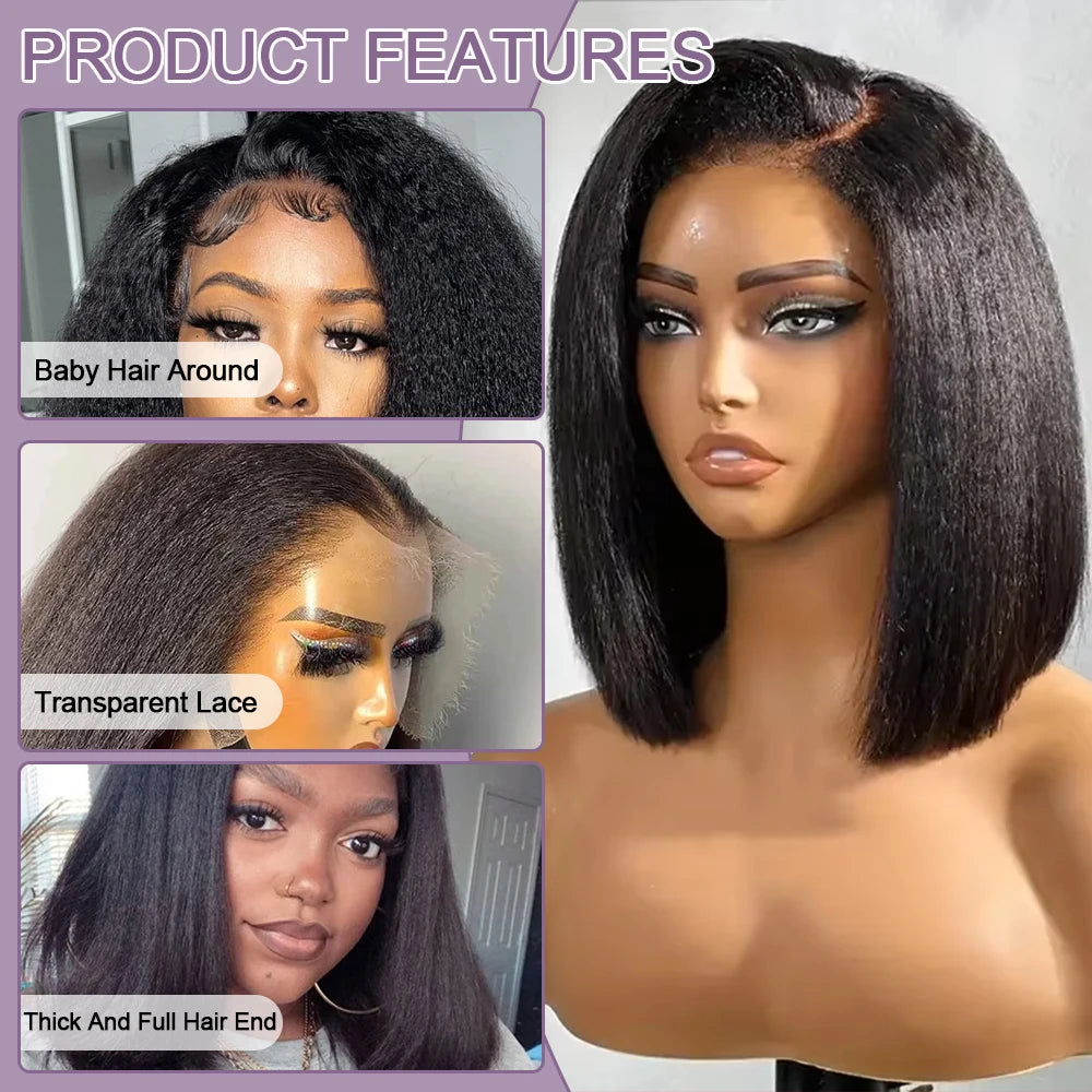 Line Hair Kinky Straight Bob Wig Glueless HD Lace Front