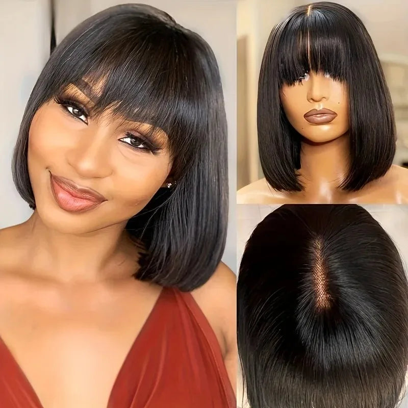 Smilegirl Brazilian Remy Hair Bob Wig With Bangs 3x1 Lace Glueless