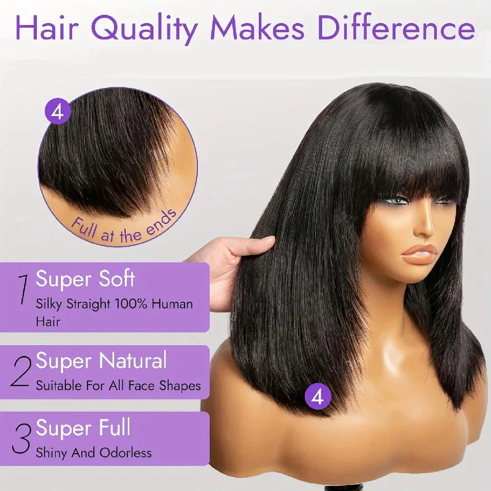 Smilegirl Brazilian Remy Hair Bob Wig With Bangs 3x1 Lace Glueless