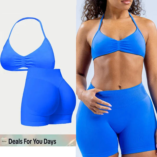 Cavendi Women Yoga Set Halter Top and Seamless Shorts