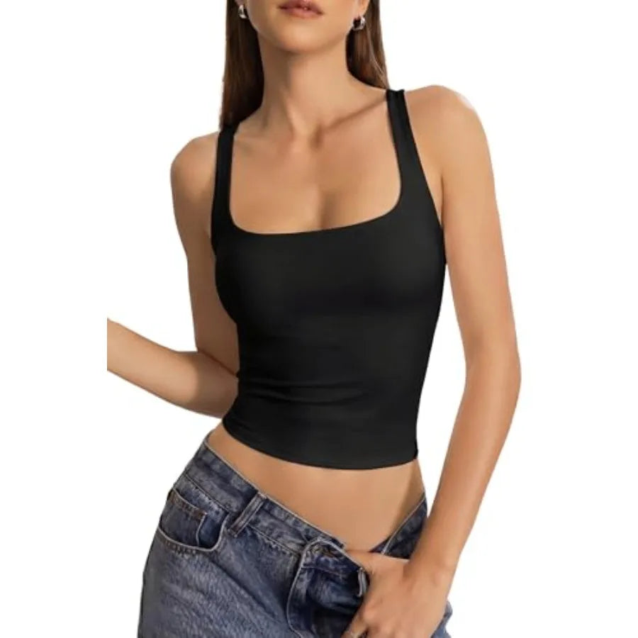 Womens Tank With Built In Bra Square Neck Workout Top
