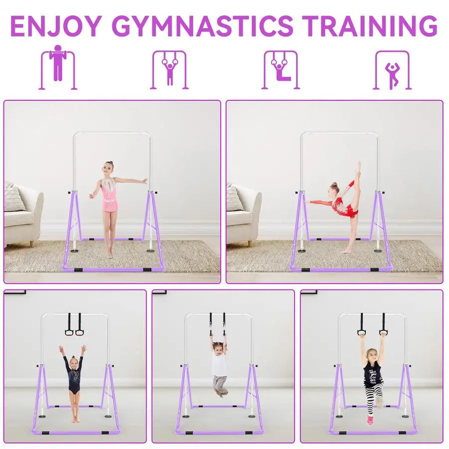 XMSJ Kids Gymnastics Bar With Rings Adjustable Height Folding