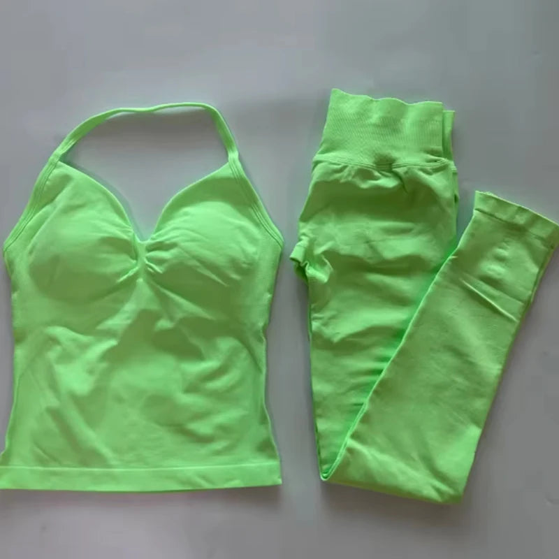 Women Halter Neck Yoga Set 2 Piece High Waist Leggings Crop Top