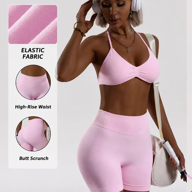 Cavendi Women Yoga Set Halter Top and Seamless Shorts