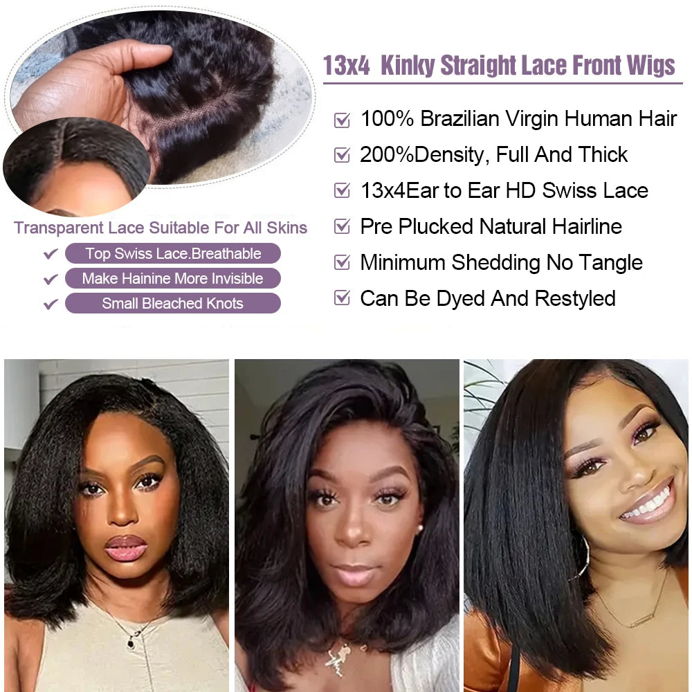 Line Hair Kinky Straight Bob Wig Glueless HD Lace Front