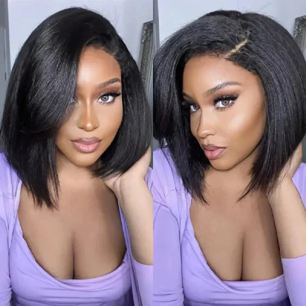Line Hair Kinky Straight Bob Wig Glueless HD Lace Front