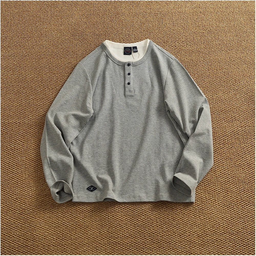 Iceupsnow Men's Retro Autumn Heavyweight Long Sleeve Henley Collar T Shirt