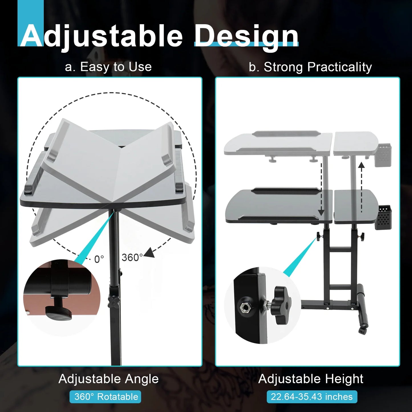 Portable Tattoo Table Workstation Wheeled Height Adjustable Industrial Strength Dual Surfaces 64x40 cm
