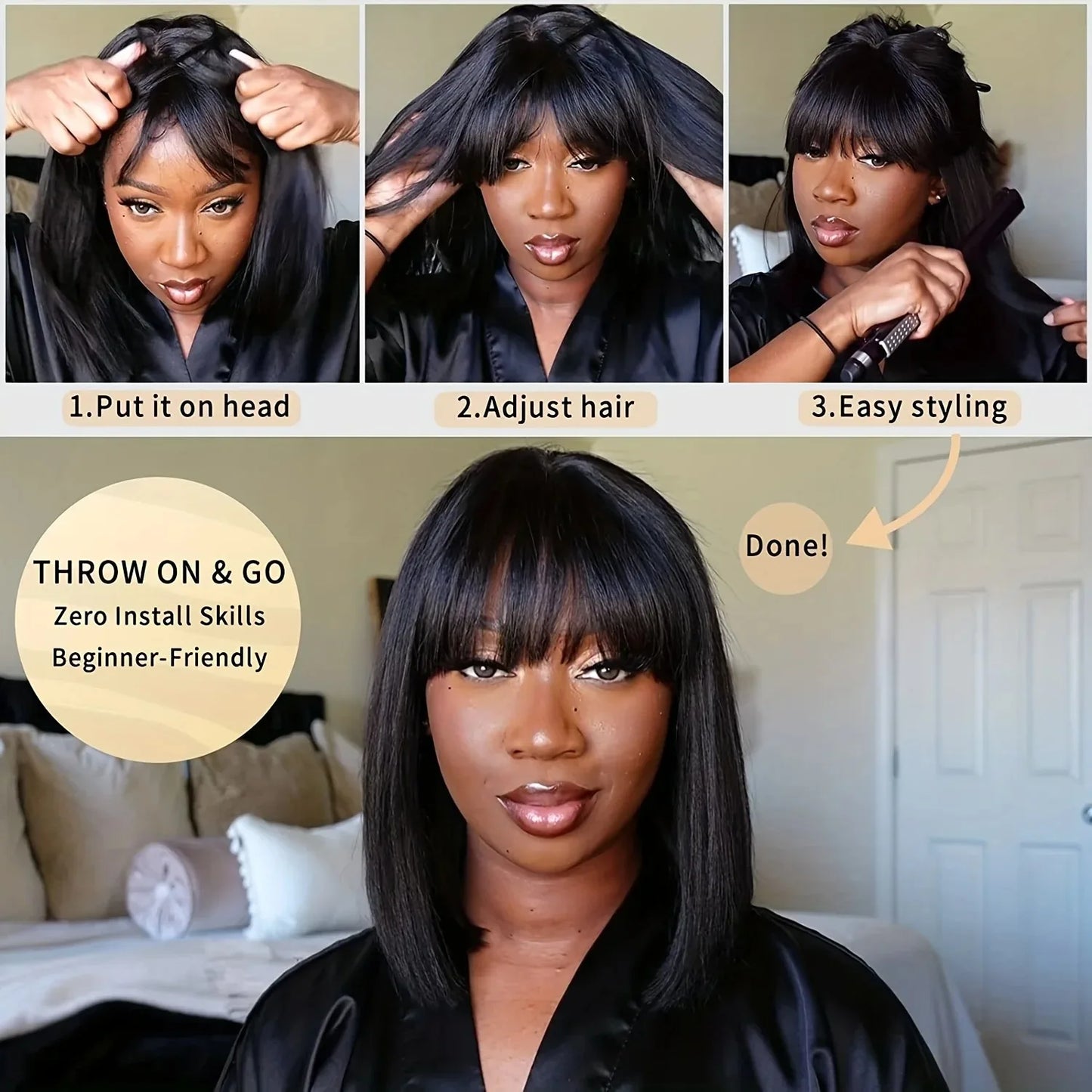 Smilegirl Brazilian Remy Hair Bob Wig With Bangs 3x1 Lace Glueless