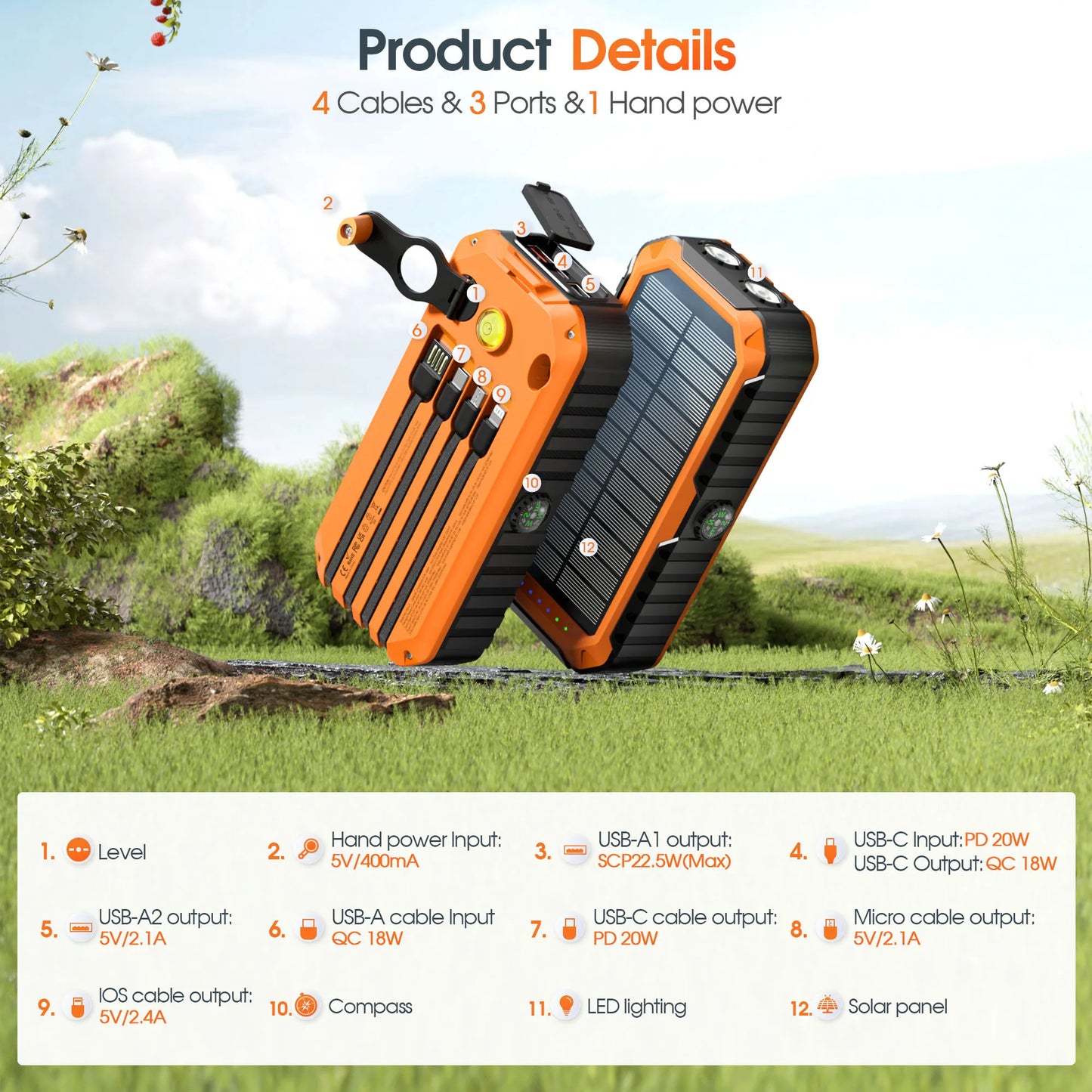 40,000mAh Solar Power Bank With Hand Crank Compass Level LED Flashlight