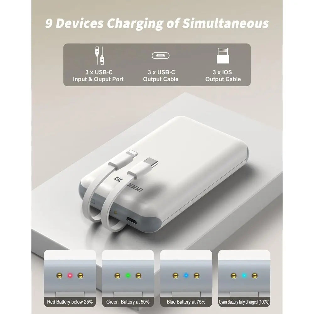 10000mAh Power Bank With Built In Cables And Triple USB