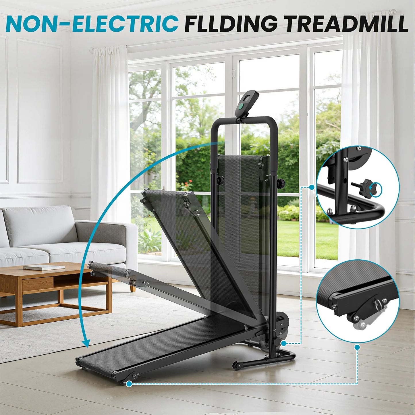 AKLUER Non Motorized Foldable Treadmill With Dual Flywheels LCD Monitor