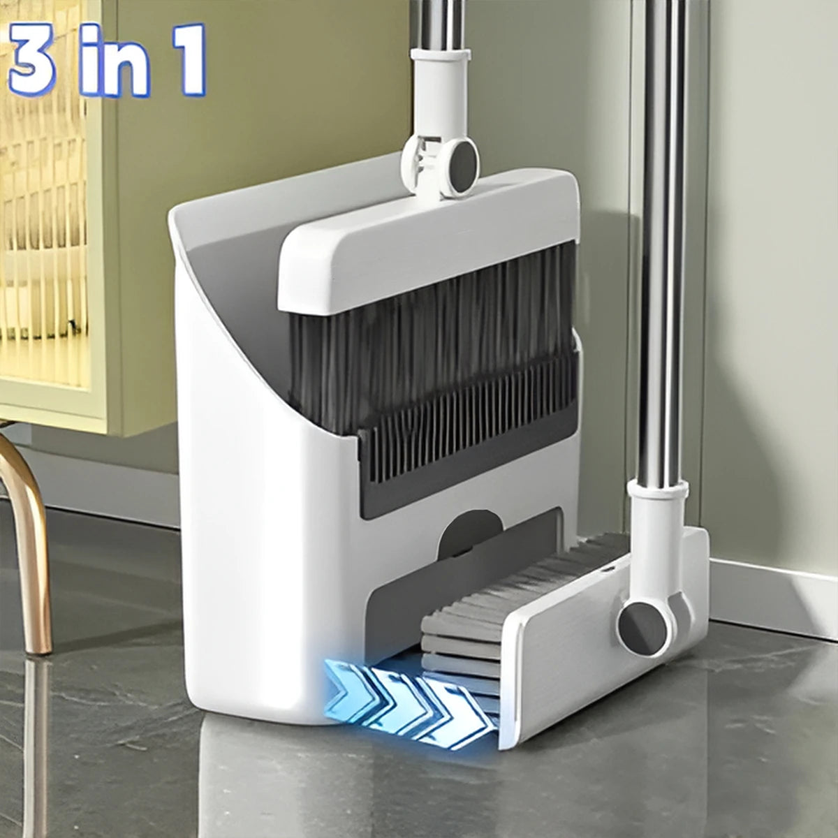 3 In 1 Broom And Dustpan Set With Long Handle For Home And Office Cleaning PVC Head