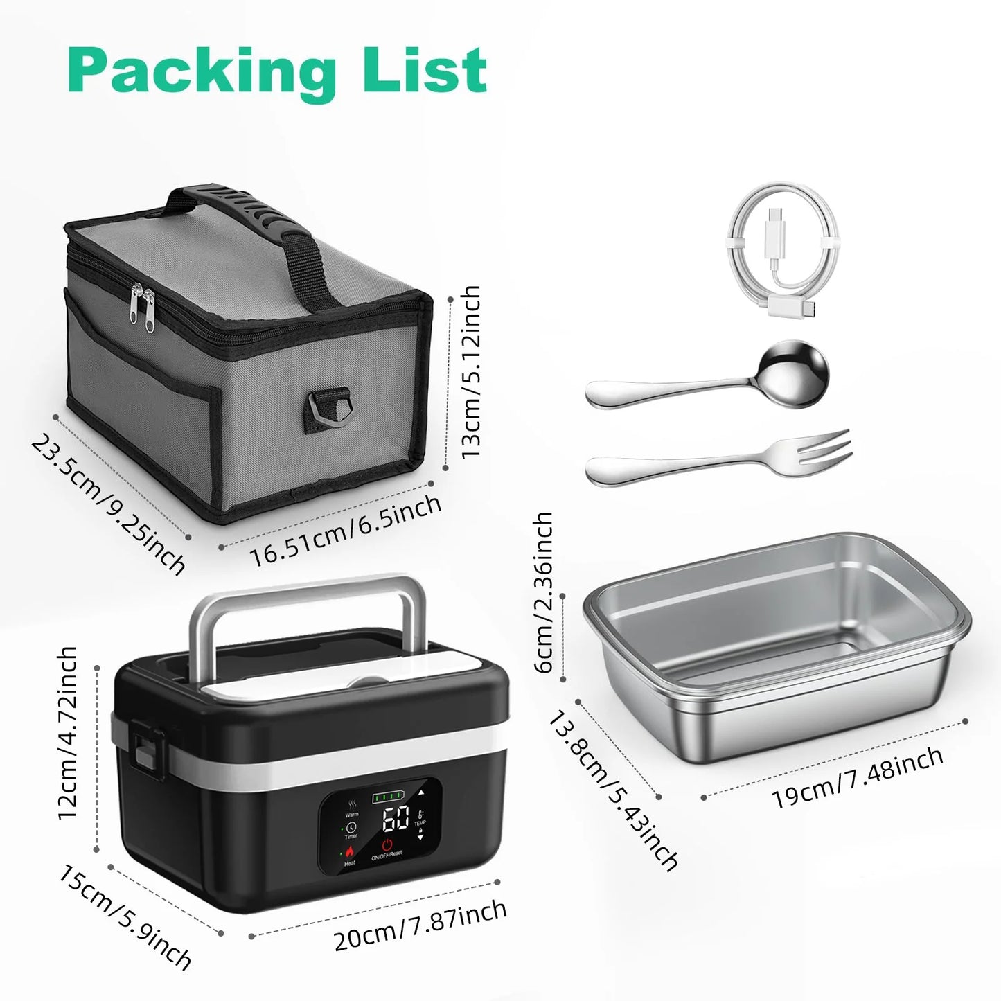 Wireless Heated Insulated Lunch Box With 8000mAh Battery Smart Timer And Adjustable Temperature
