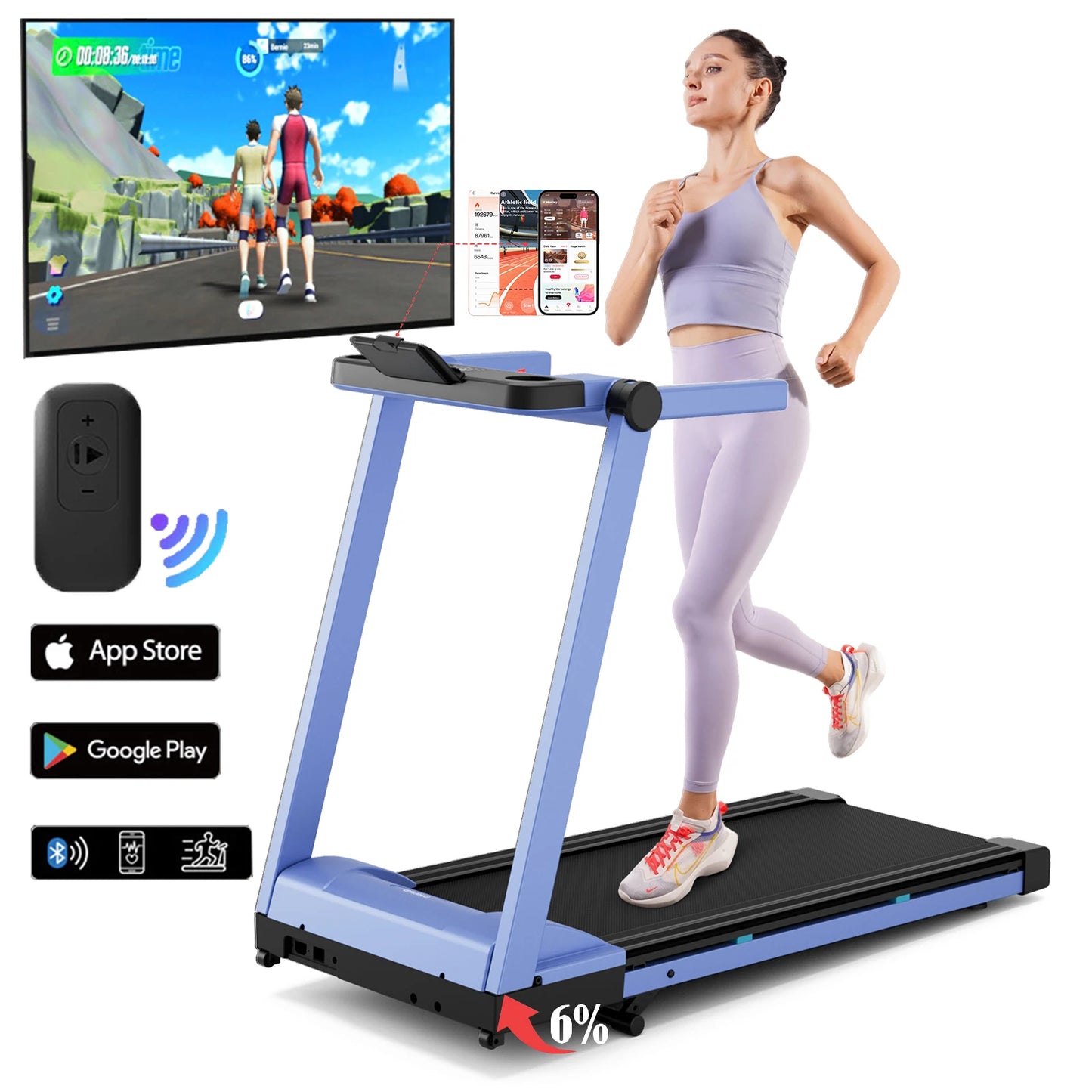 Superun Foldable Incline Treadmill Walking Pad With 6 Percent Incline 112x42 cm Platform Touchscreen App Data Monitoring