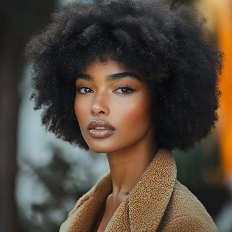 Wig Queen Afro Kinky Curly Remy Hair Wig With Bangs