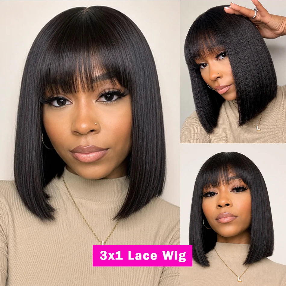 Smilegirl Brazilian Remy Hair Bob Wig With Bangs 3x1 Lace Glueless