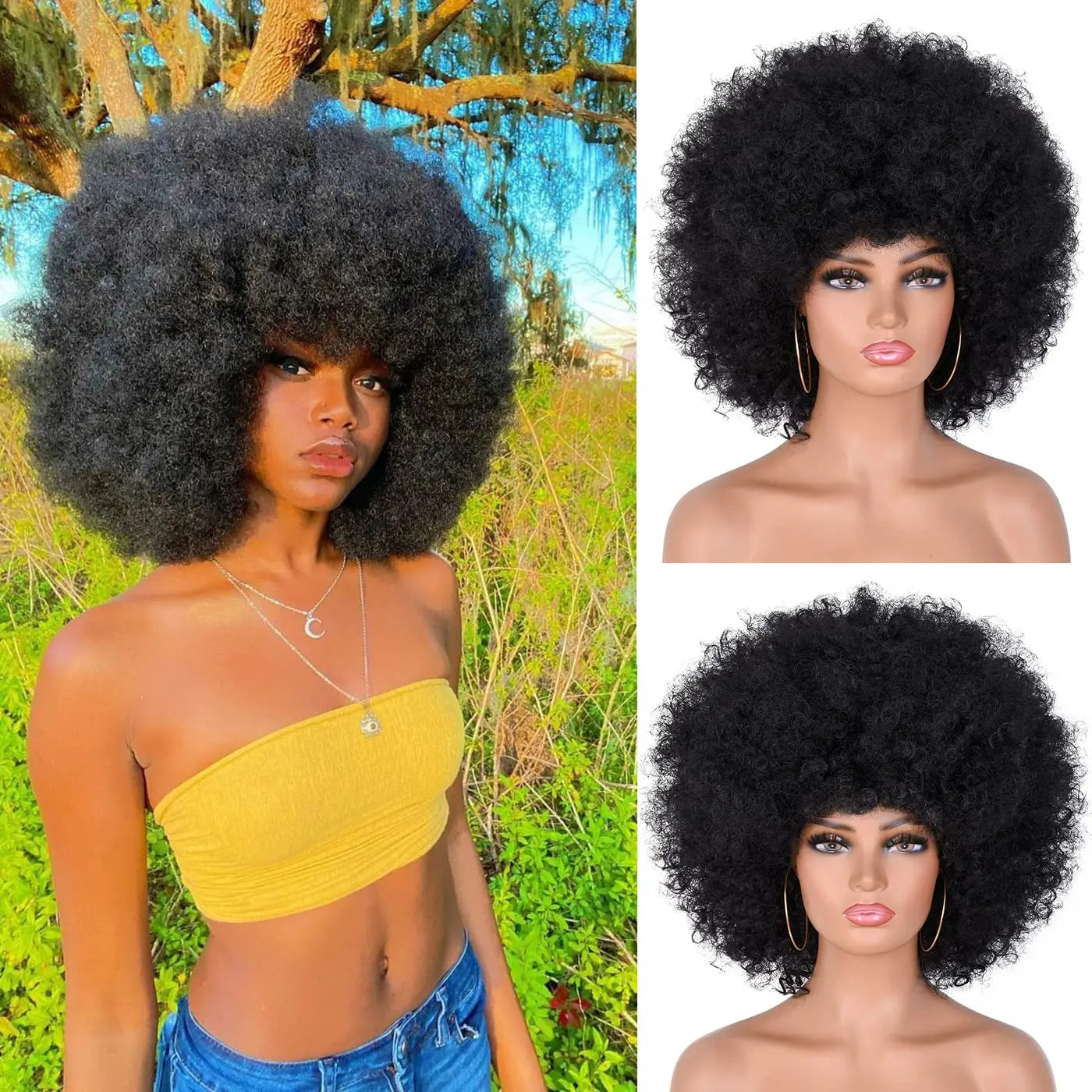 Wig Queen Afro Kinky Curly Remy Hair Wig With Bangs