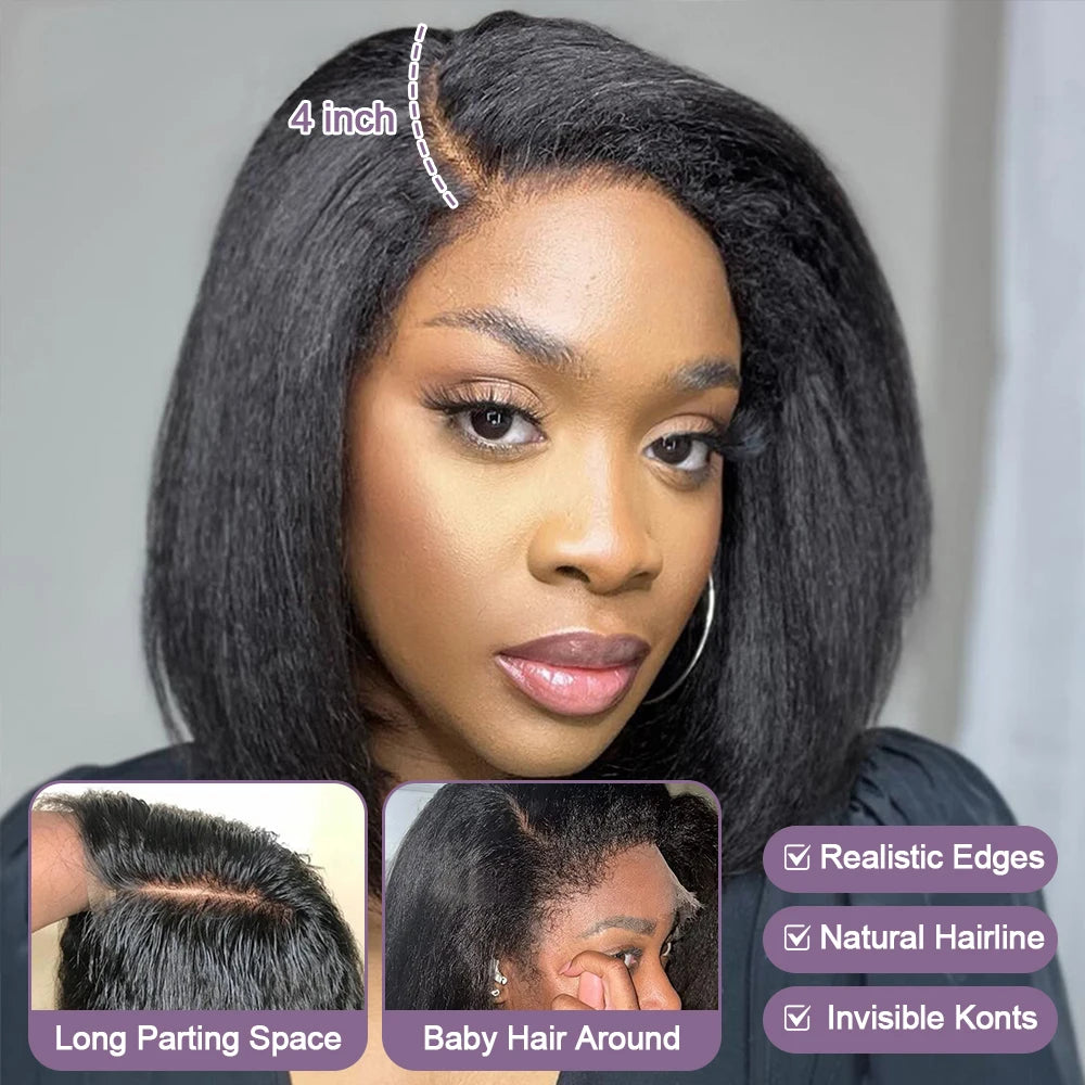 Line Hair Kinky Straight Bob Wig Glueless HD Lace Front