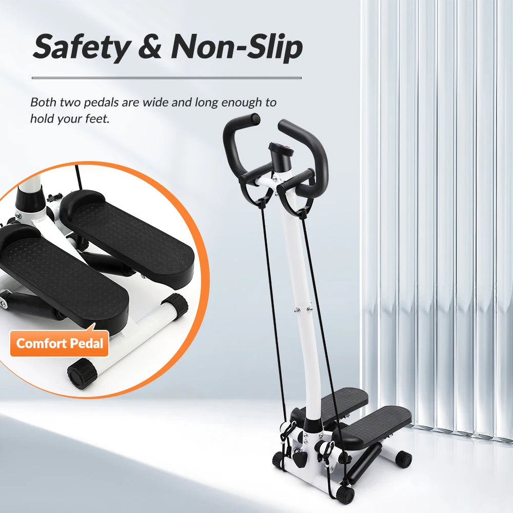 Compact Exercise Stepper Machine With LCD Monitor And Two Resistance Bands For Home Cardio And Strength Training