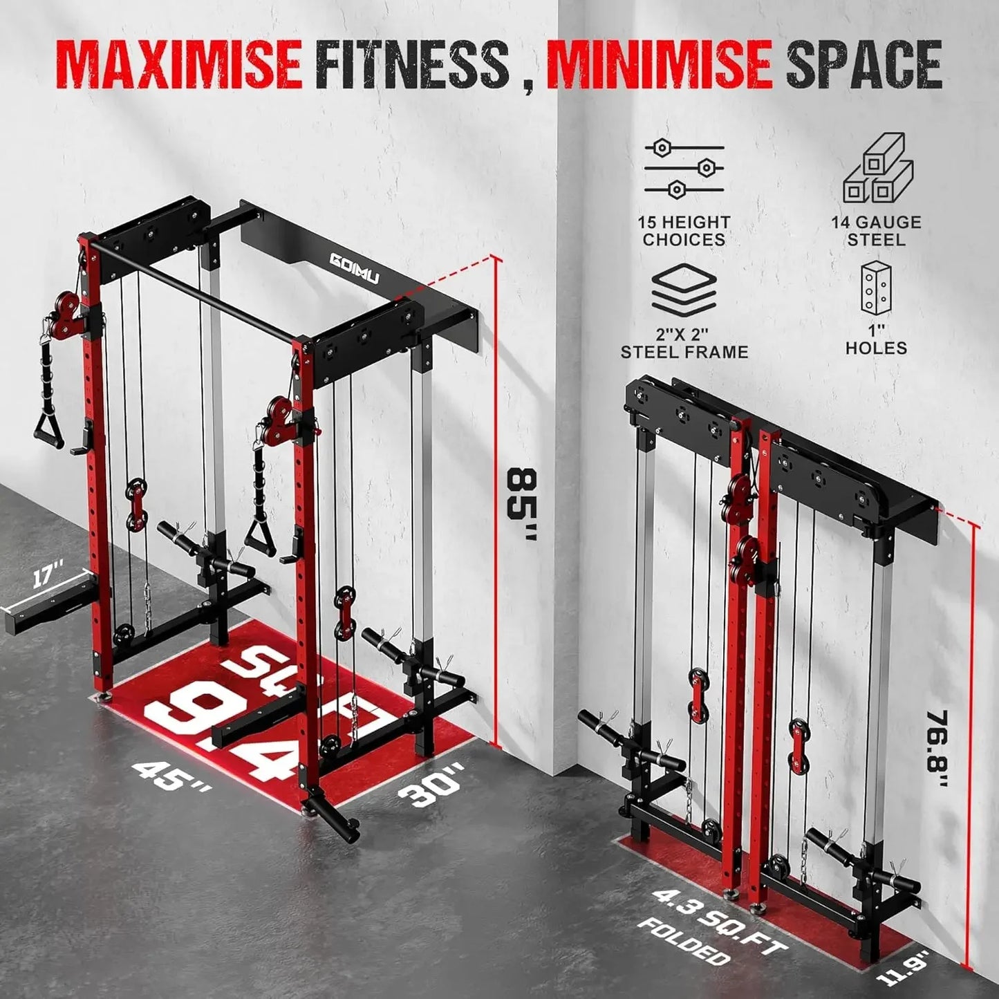 WM3 V4 Folding Squat Rack Wall Mounted Power Rack With Dual Independent Pulleys