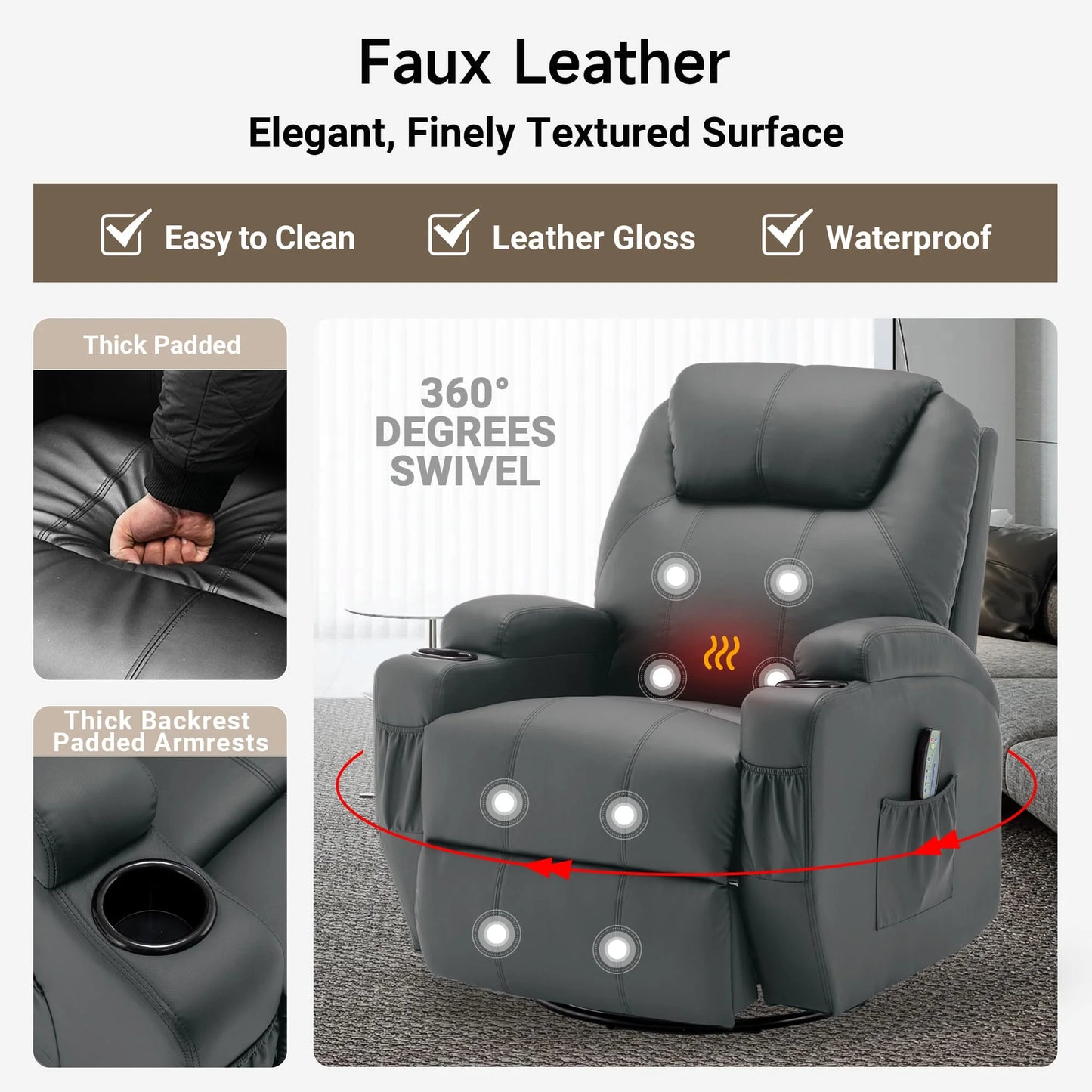 KORSER Recliner Chair With Massage And Heat 360 Degree Swivel 8 Point Vibration Remote Control