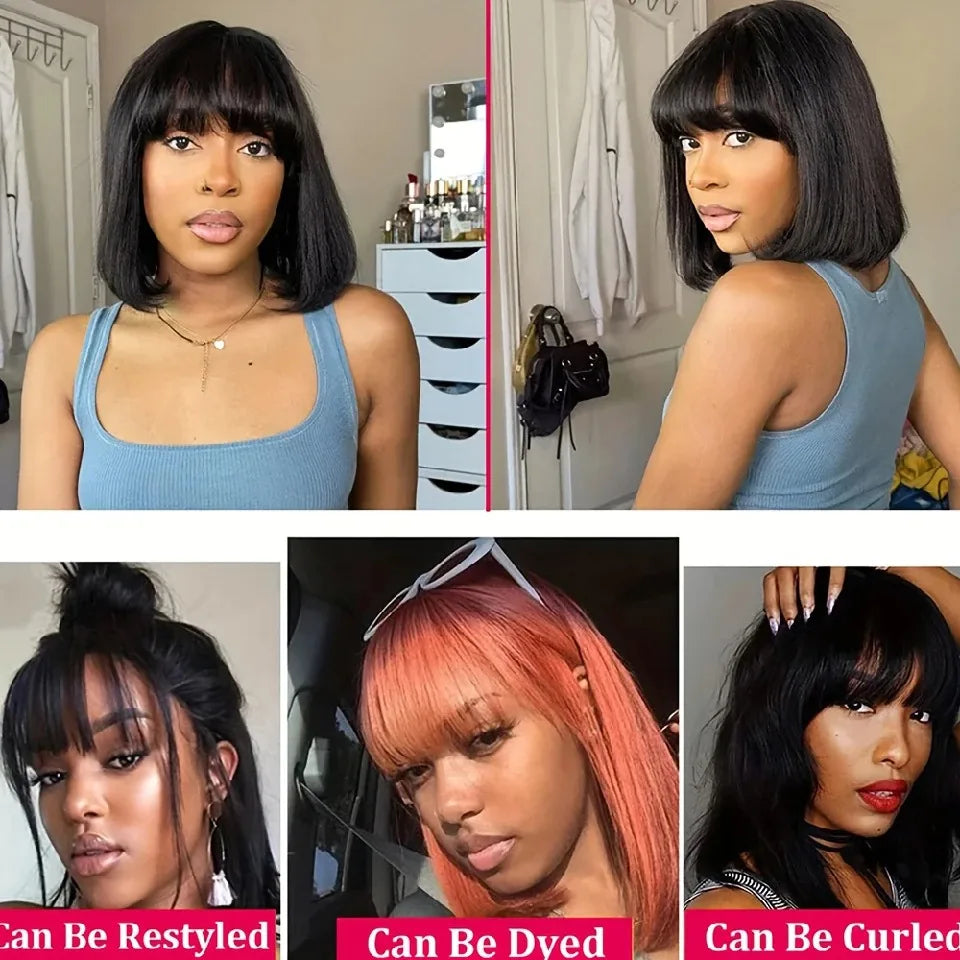 Smilegirl Brazilian Remy Hair Bob Wig With Bangs 3x1 Lace Glueless