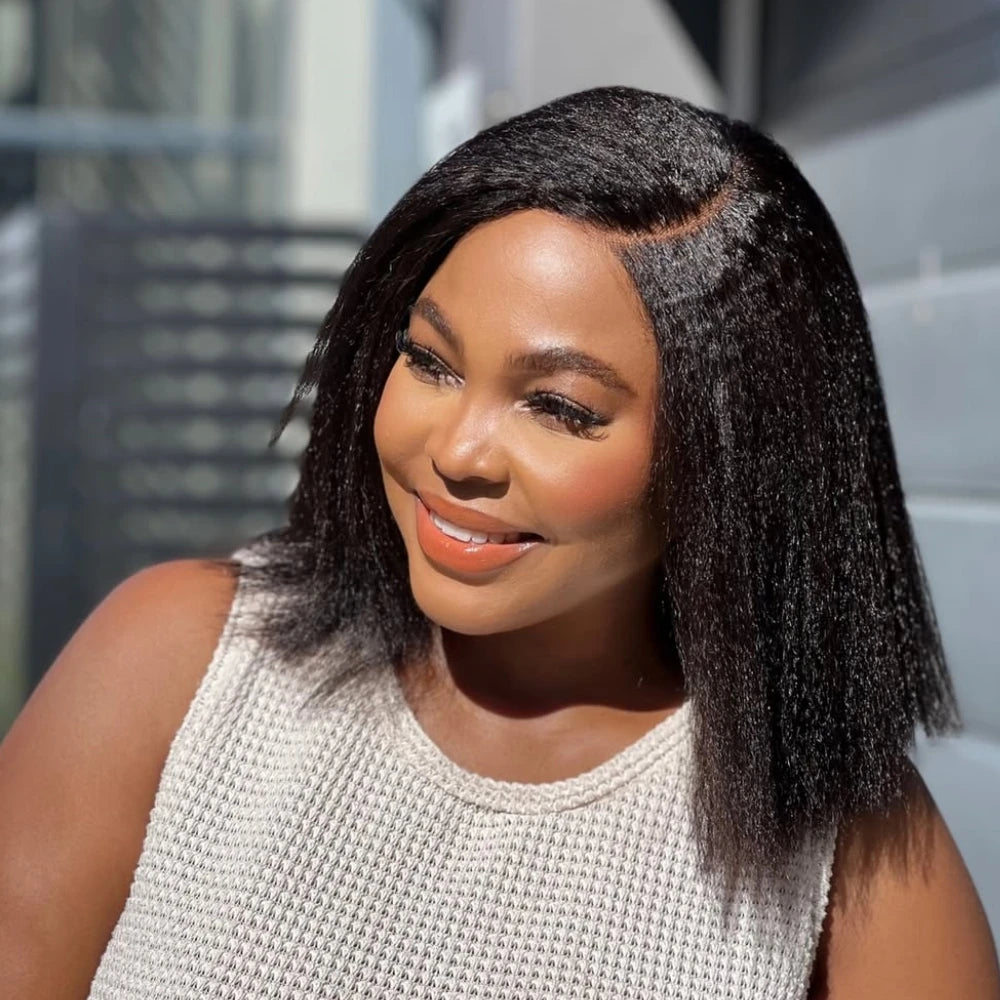 Line Hair Kinky Straight Bob Wig Glueless HD Lace Front
