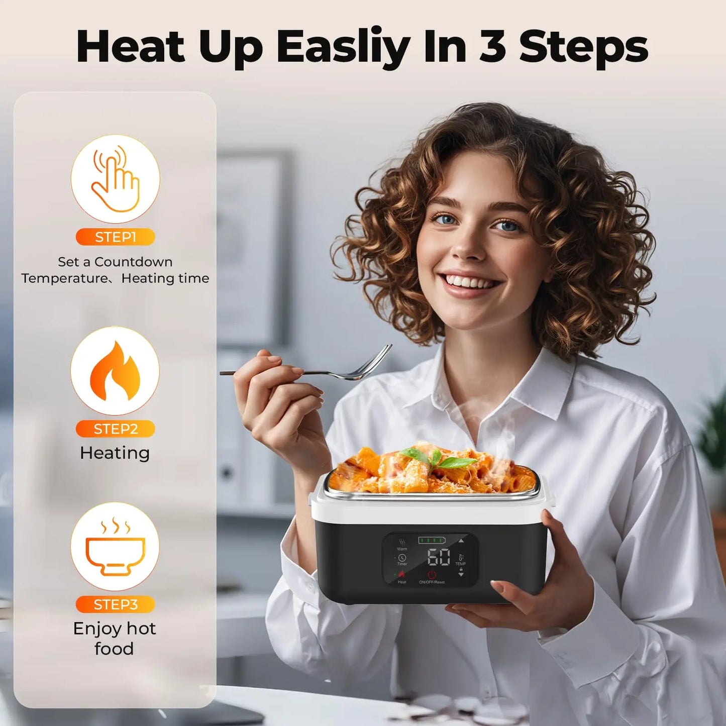 Wireless Heated Insulated Lunch Box With 8000mAh Battery Smart Timer And Adjustable Temperature