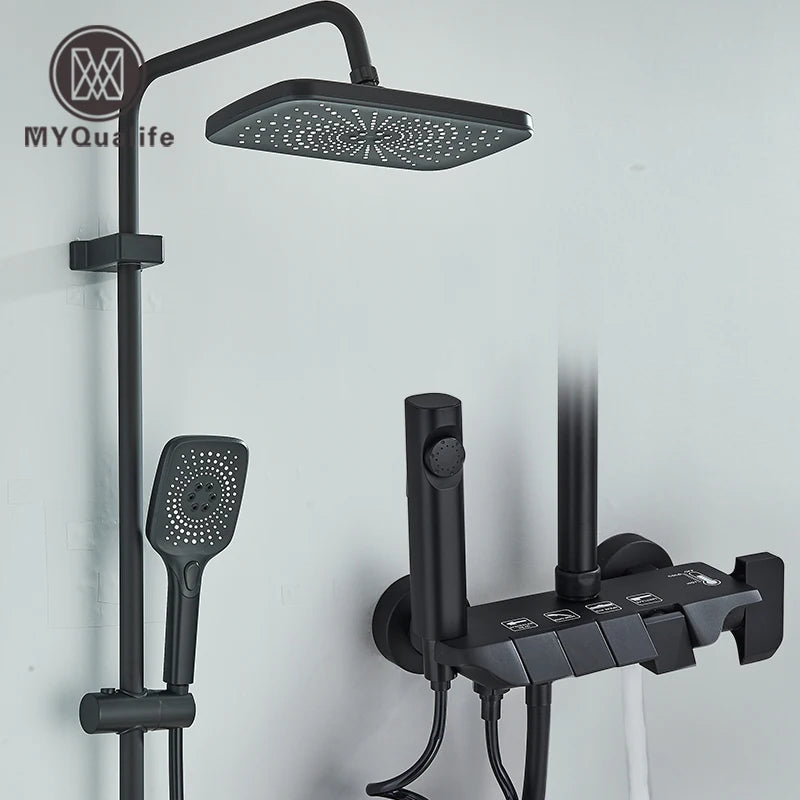 MYQualife Brass Shower System With Hot Cold Water Control Rainfall Waterfall Shower Head And Single Handle Ceramic Valve