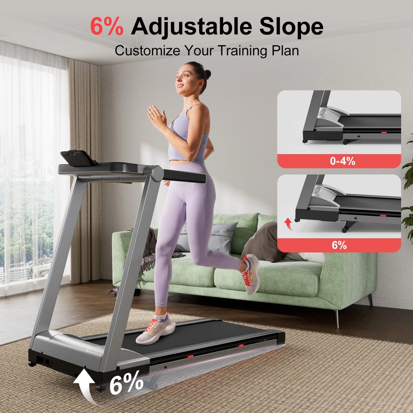Superun Foldable Incline Treadmill Walking Pad With 6 Percent Incline 112x42 cm Platform Touchscreen App Data Monitoring