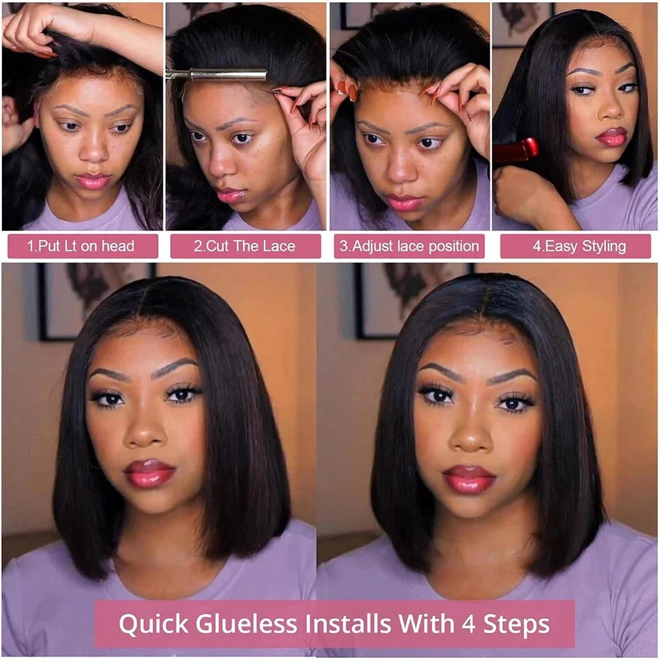 Line Hair Kinky Straight Bob Wig Glueless HD Lace Front
