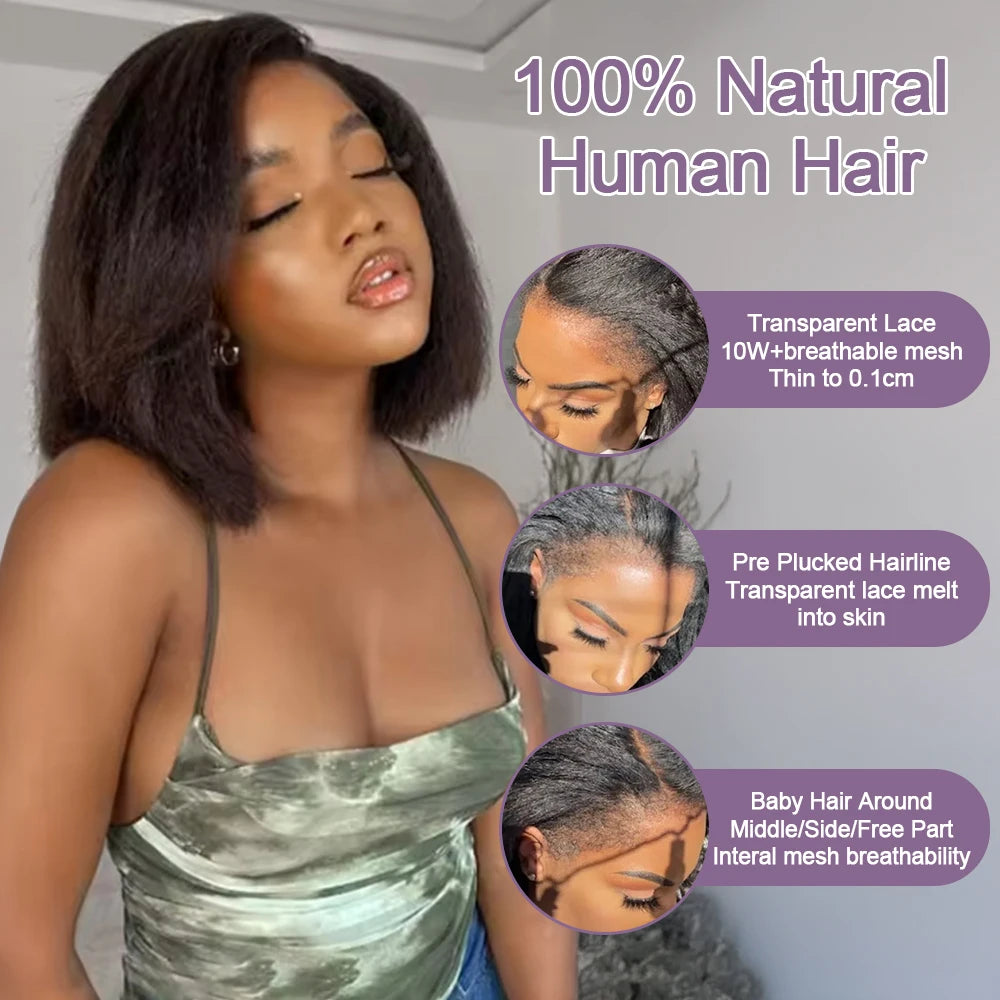 Line Hair Kinky Straight Bob Wig Glueless HD Lace Front