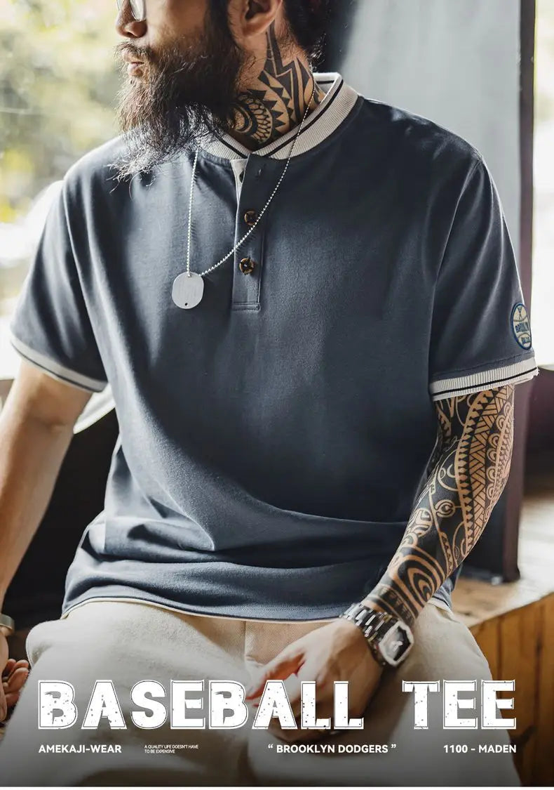 Maden Mens Vintage Henley Short Sleeve Tee Cotton Casual