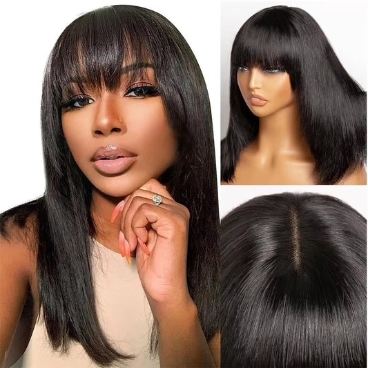 Smilegirl Brazilian Remy Hair Bob Wig With Bangs 3x1 Lace Glueless