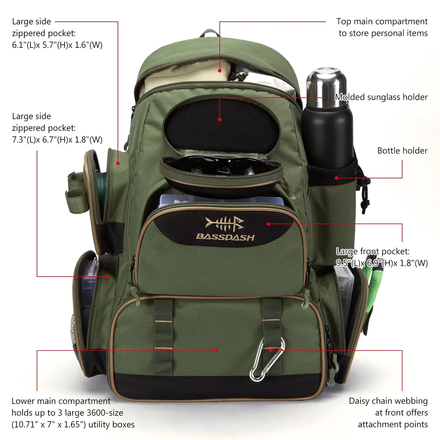 Bassdash Lightweight Tactical Fishing Bag Tackle Backpack Multifunctional Storage System