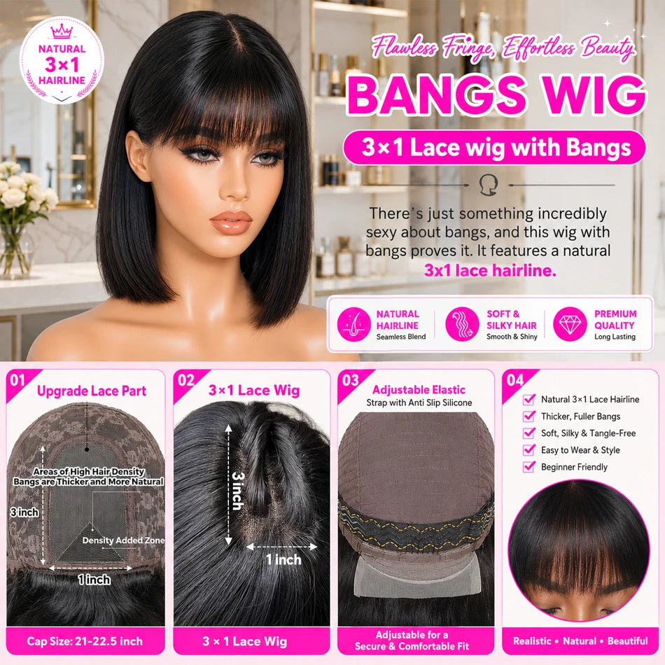 Smilegirl Brazilian Remy Hair Bob Wig With Bangs 3x1 Lace Glueless