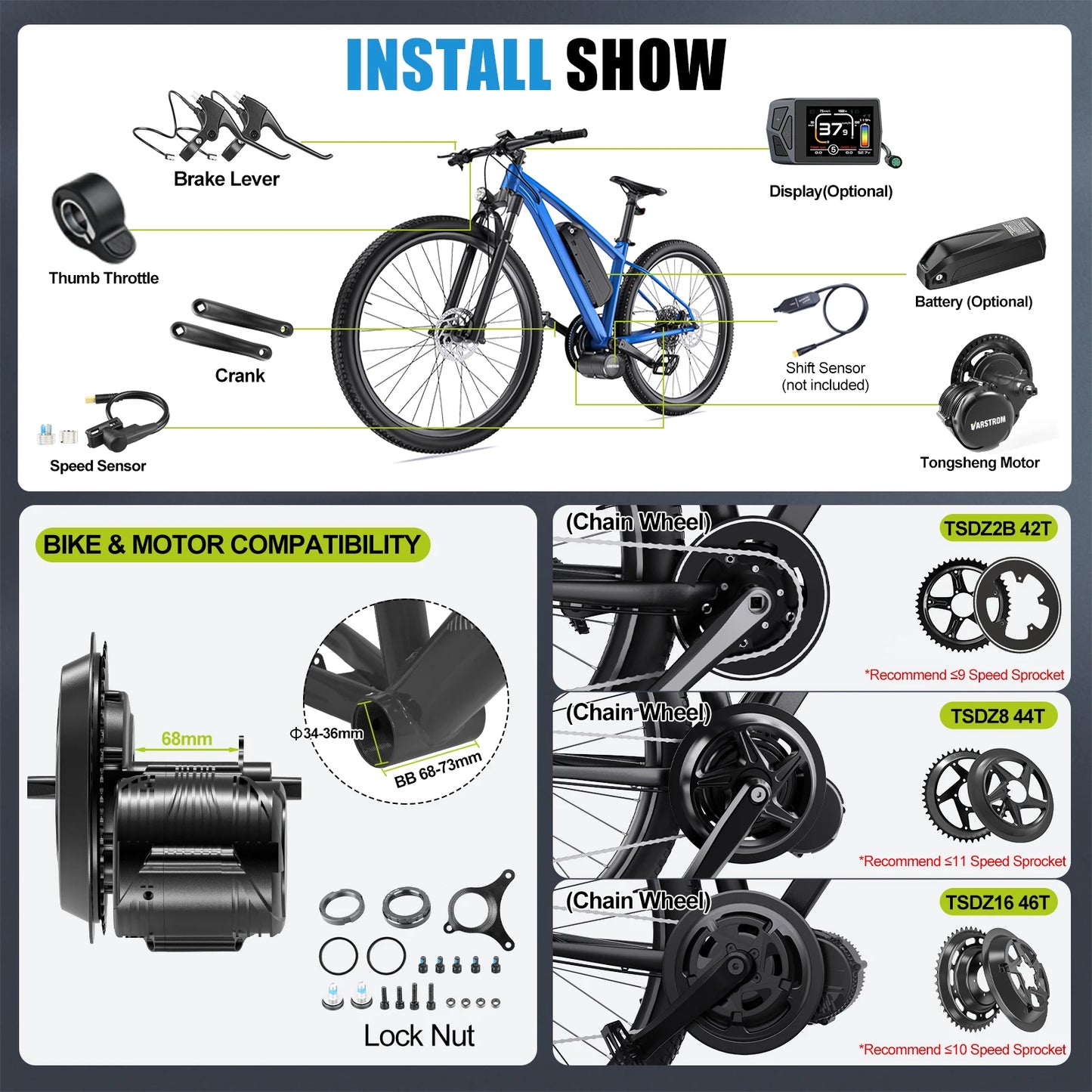 Tongsheng Mid Drive Motor Kit TSDZ8 750W And TSDZ16 1000W With 160Nm Torque IPX6 Waterproof