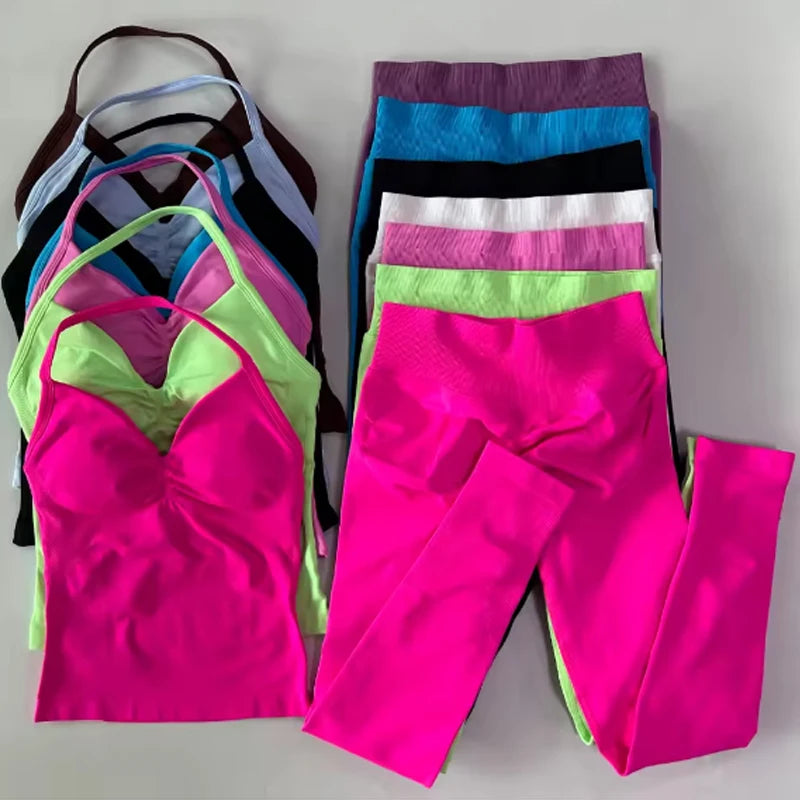 Women Halter Neck Yoga Set 2 Piece High Waist Leggings Crop Top