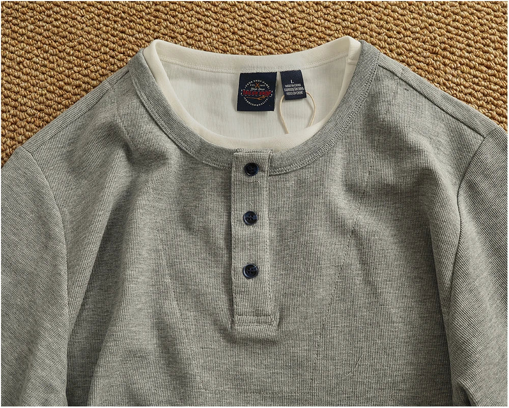 Iceupsnow Men's Retro Autumn Heavyweight Long Sleeve Henley Collar T Shirt