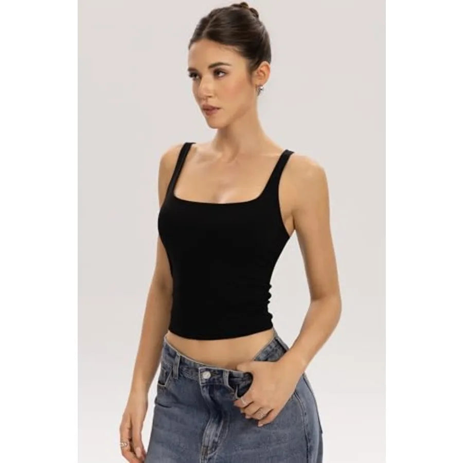 Womens Tank With Built In Bra Square Neck Workout Top