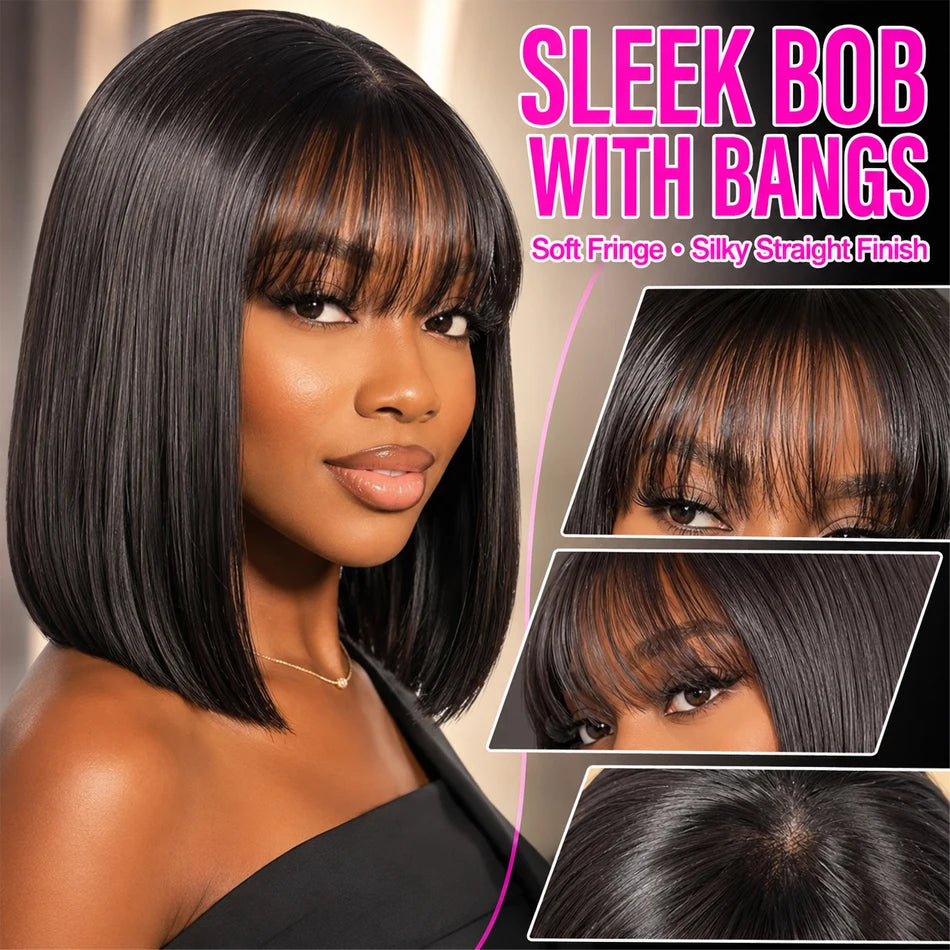 Smilegirl Brazilian Remy Hair Bob Wig With Bangs 3x1 Lace Glueless